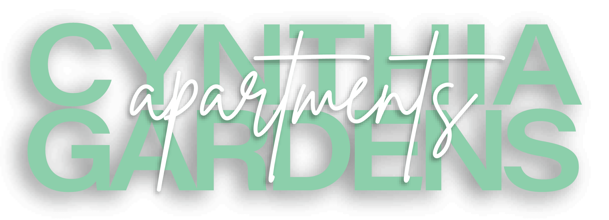 Text graphic with "Cynthia Gardens" in bold green capital letters. "Apartments" is elegantly scripted in white cursive, gracefully overlapping the bold text, creating a harmonious footer for the design.