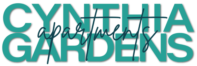 Text logo prominently featuring "Cynthia Gardens" in bold, teal capital letters, with "apartments" in a cursive script gracefully overlapping as the top header.