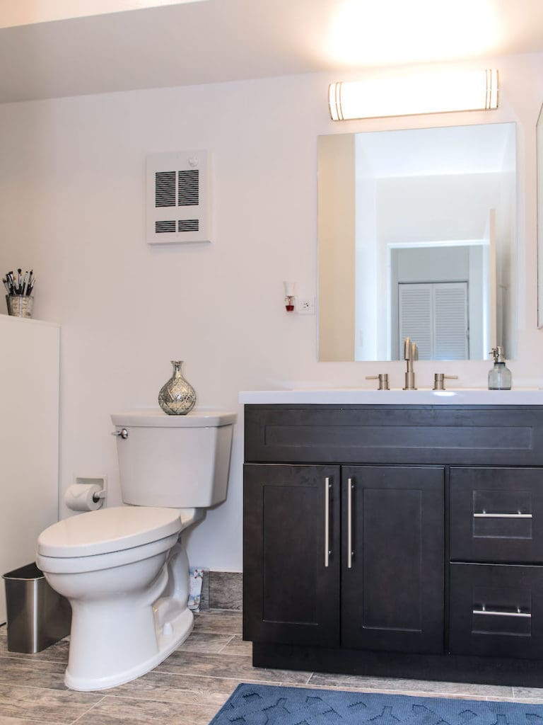 Modern bathroom with white walls and light wood flooring. Features a toilet next to a dark wood vanity with double sinks, silver faucets, and a large mirror. A silver vase sits on the toilet tank, and a blue rug is on the floor.