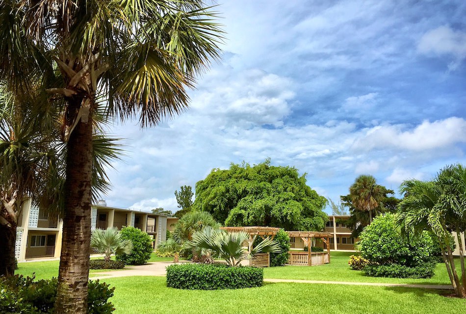 A lush green courtyard with palm trees, a wooden gazebo, and surrounding hedges. In the background, there are two-story beige buildings. The sky is blue with scattered clouds.