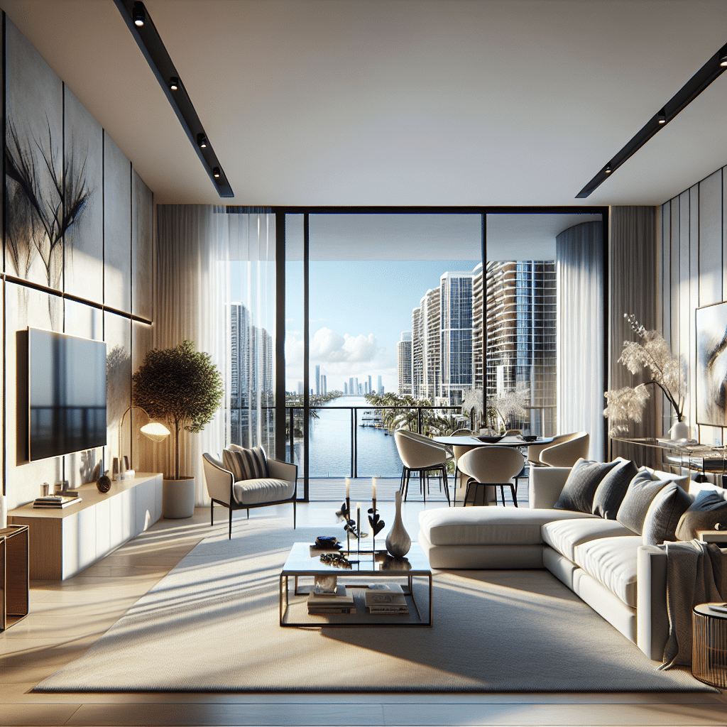 Modern living room with a large sofa, coffee table, and decor. Floor-to-ceiling windows reveal a view of waterfront skyscrapers and a bright sky. Minimalistic design with neutral tones and natural light flooding the space.