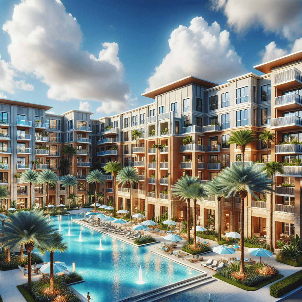 Luxurious apartment complex with multiple stories overlooking a large swimming pool. Surrounding the pool are lounge chairs and umbrellas, with tall palm trees adding a tropical feel. The sky is clear with a few fluffy clouds.