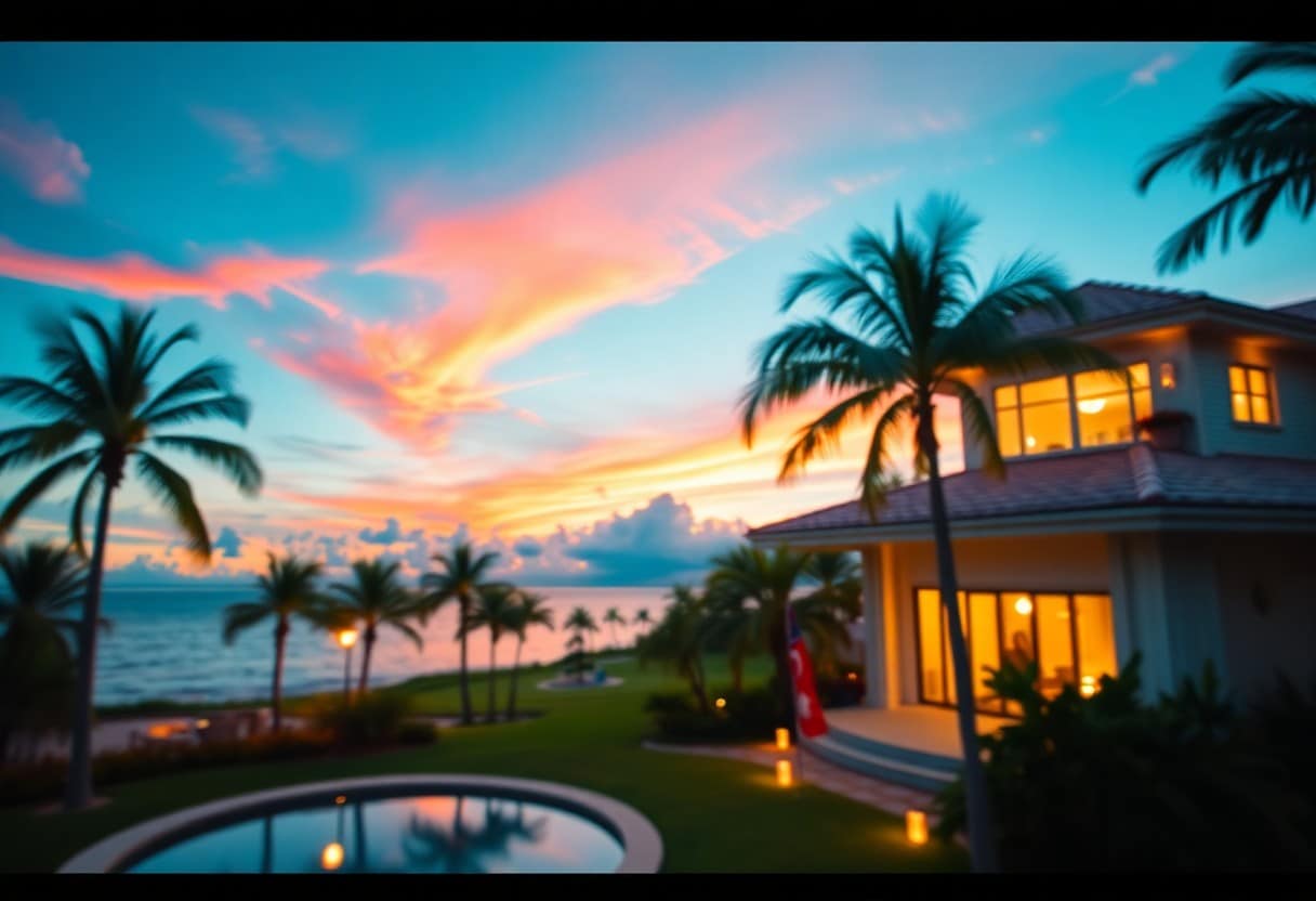 Blurred image of a tropical seaside scene at sunset. A house with illuminated windows is on the right, framed by palm trees. A pool reflects the vibrant pink and blue sky. The ocean is visible in the background.