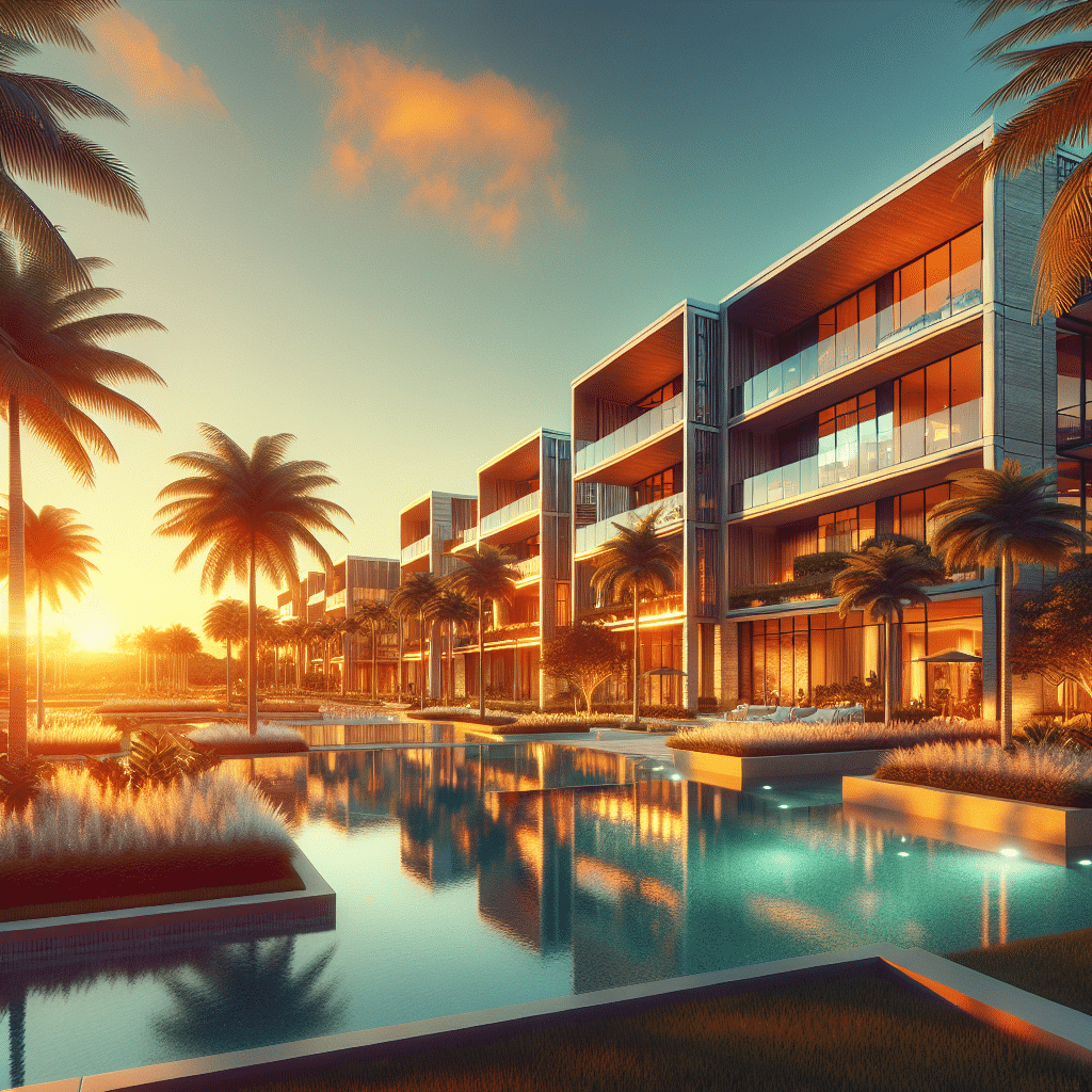 Modern luxury resort with contemporary architecture, featuring glass and steel structures. Framed by tall palm trees, the scene is bathed in the warm glow of a sunset. A tranquil pool reflects the vibrant colors of the sky.