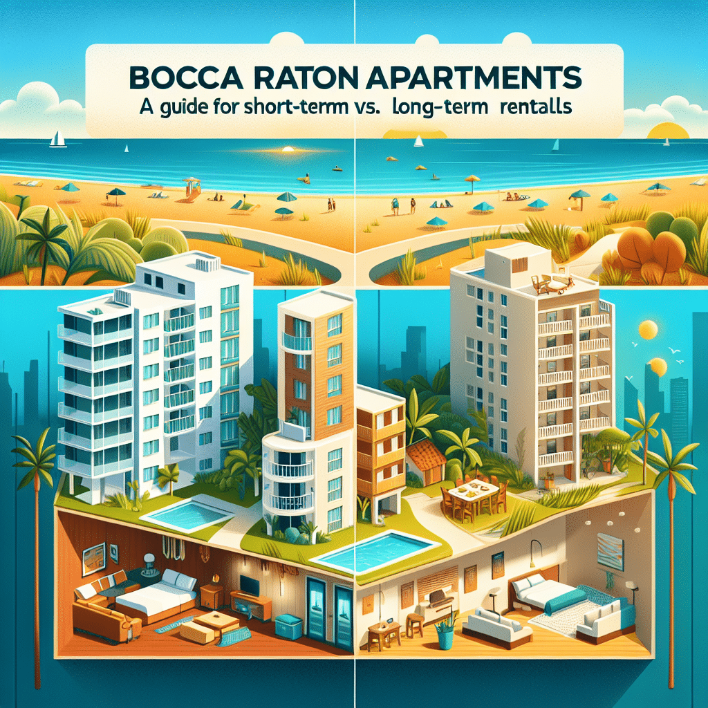 Illustration of Bocca Raton Apartments with a beachfront view. Left side shows a short-term rental with a pool; right side depicts a long-term rental with lawn space. Text at the top reads "A guide for short-term vs. long-term rentals.