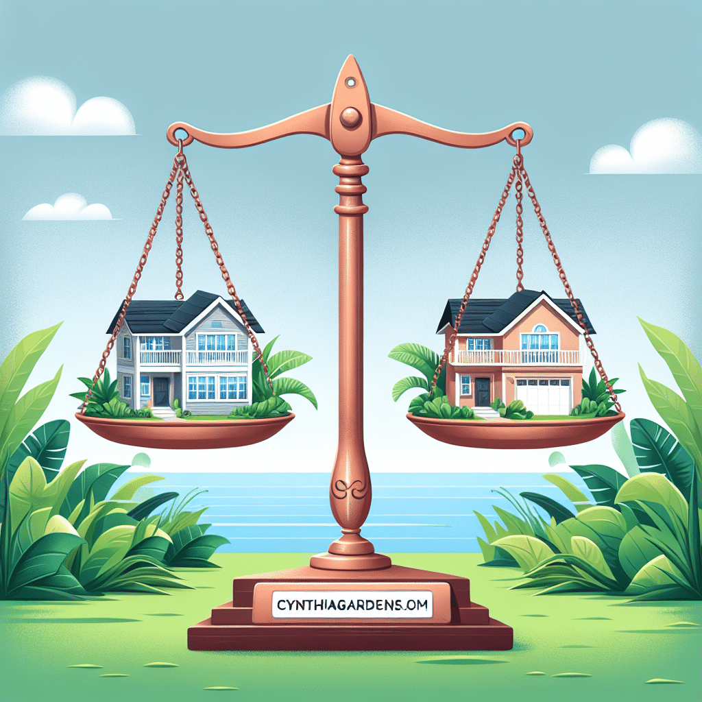 Illustration of a balance scale with two model homes on each side, surrounded by lush green plants. A web address label "cynthiagardens.com" is on the base. Blue sky and clouds in the background.