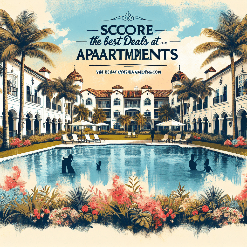 Illustration of a stylish apartment complex with palm trees surrounding a pool. People are swimming and lounging. The text reads, "Score the best deals at our apartments. Visit us at cynthiagardens.com.