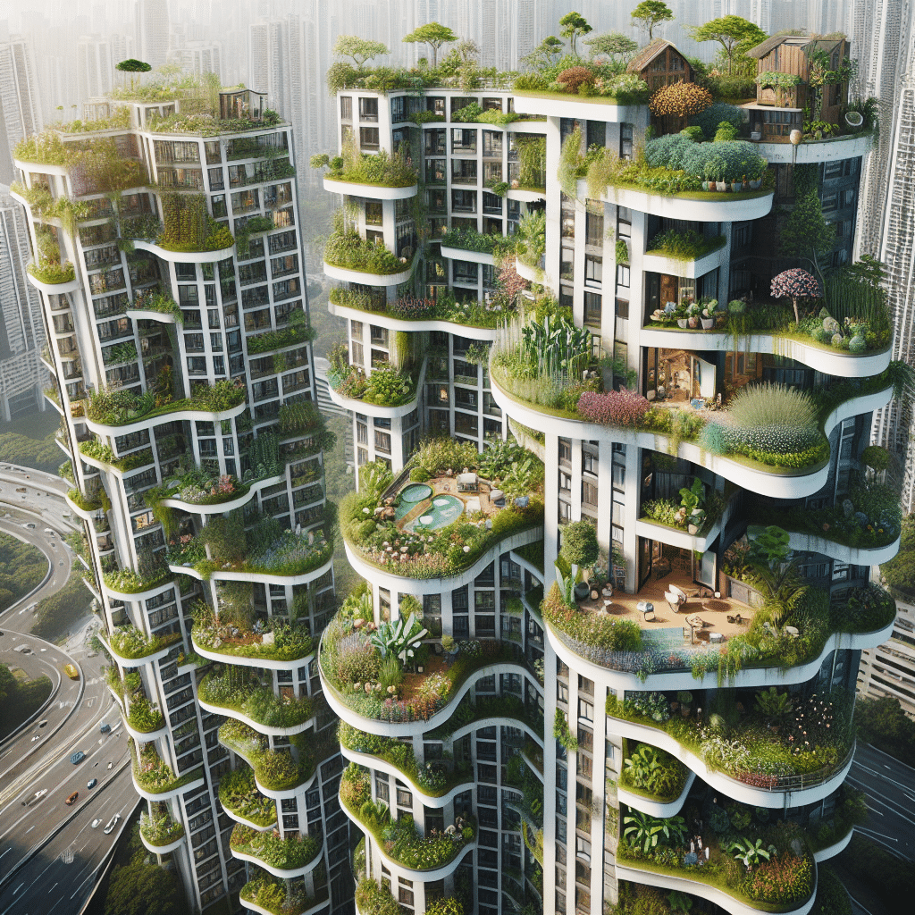 Futuristic high-rise buildings with curved balconies adorned with abundant greenery, gardens, and small trees. Some balconies feature seating areas and a pool. A highway runs below, with a city skyline in the background.