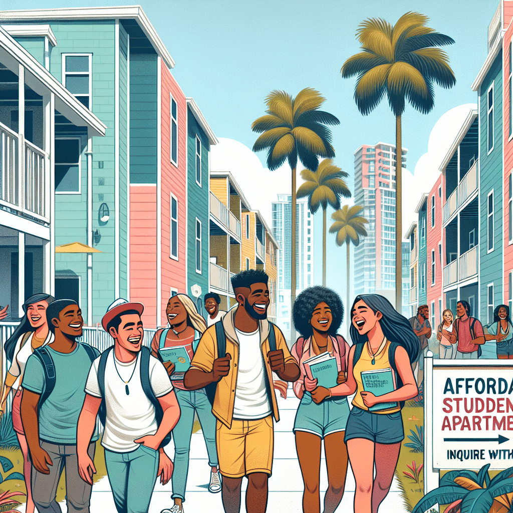 Illustration of diverse students walking down a sunny street lined with palm trees and colorful buildings. A sign reads "Affordable Student Apartments." The scene is vibrant and lively, reflecting a cheerful, community vibe.