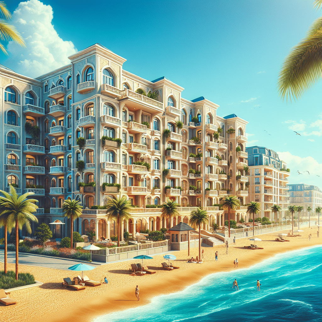 A luxurious beachfront resort with classical architecture, featuring balconies and large windows. Palm trees line the sandy beach, where people relax and swim in the turquoise sea under a bright blue sky. Seagulls fly overhead.