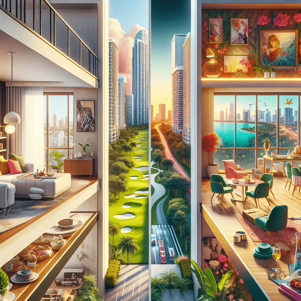 A split-screen image shows two vibrant apartment interiors. The left side is minimalist with neutral tones, overlooking a city golf course. The right side is lively, decorated with bright colors, and features a sunset skyline view with green foliage.