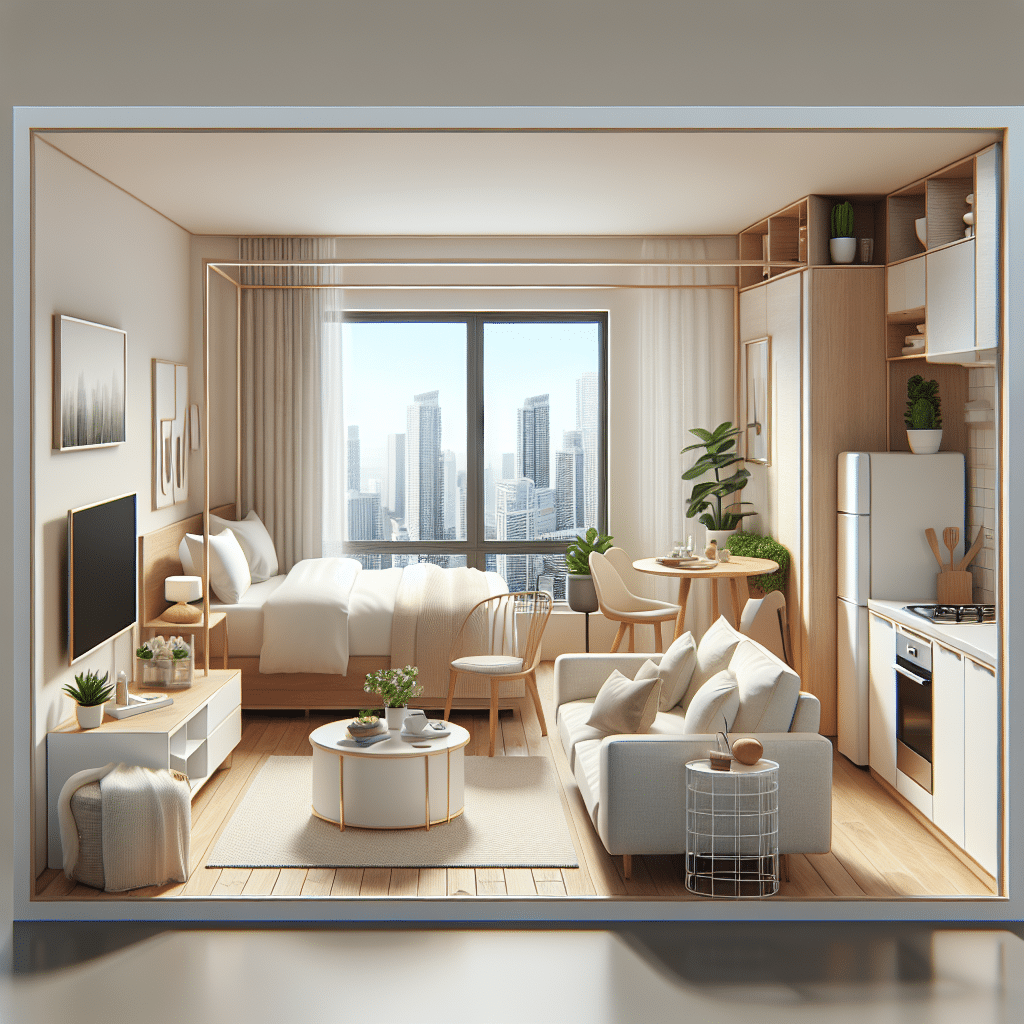 Modern studio apartment interior with a bed, sofa, small dining table, and a kitchen area. Large window offers a view of a city skyline. Decor includes plants and minimalistic artwork. Neutral tones create a cozy, inviting atmosphere.