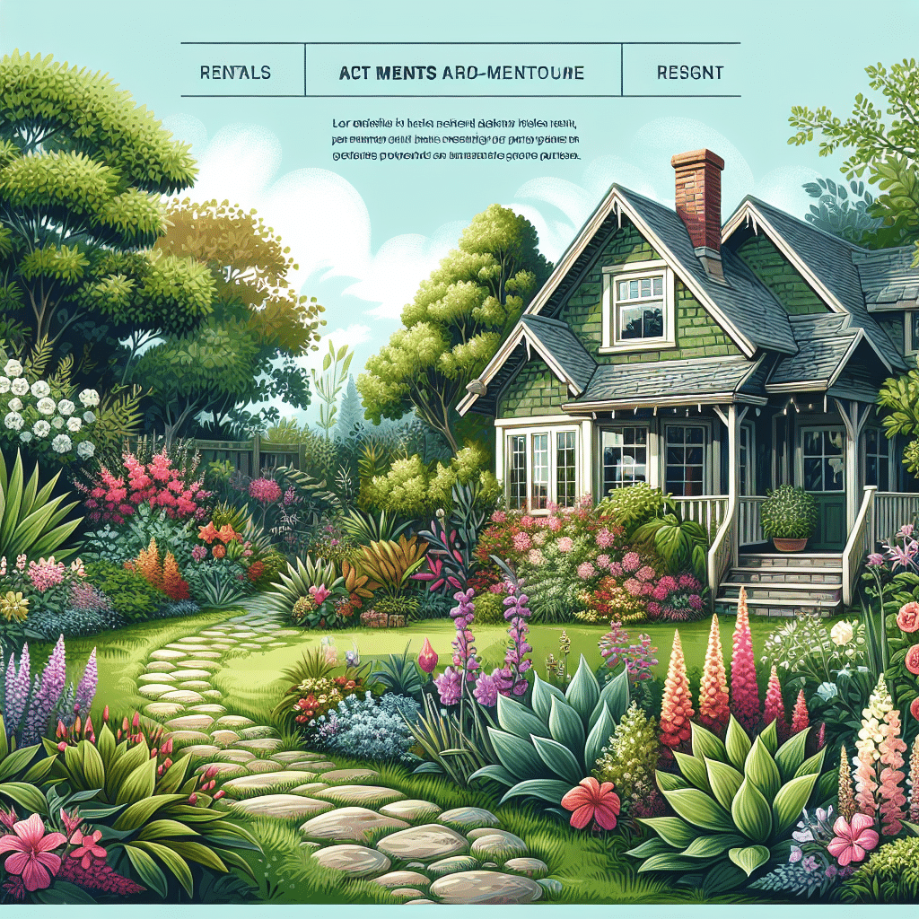 A charming cottage with a lush, colorful garden. A stone path winds through blooming flowers and vibrant greenery. The cottage has a welcoming porch and is surrounded by trees under a clear sky.