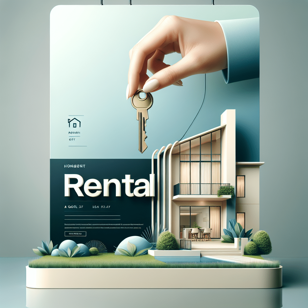 A modern advertisement for rental properties featuring a hand holding a key above a contemporary house. The text includes "Rental" and various property details, with decorative plants and architectural elements surrounding the display.