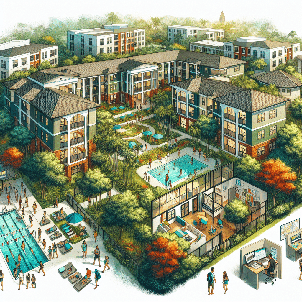 Illustration of a lively apartment complex featuring several multi-story buildings, a central pool area with people swimming, lounging, and socializing. Additional amenities include a tennis court, fitness center, and landscaped surroundings.