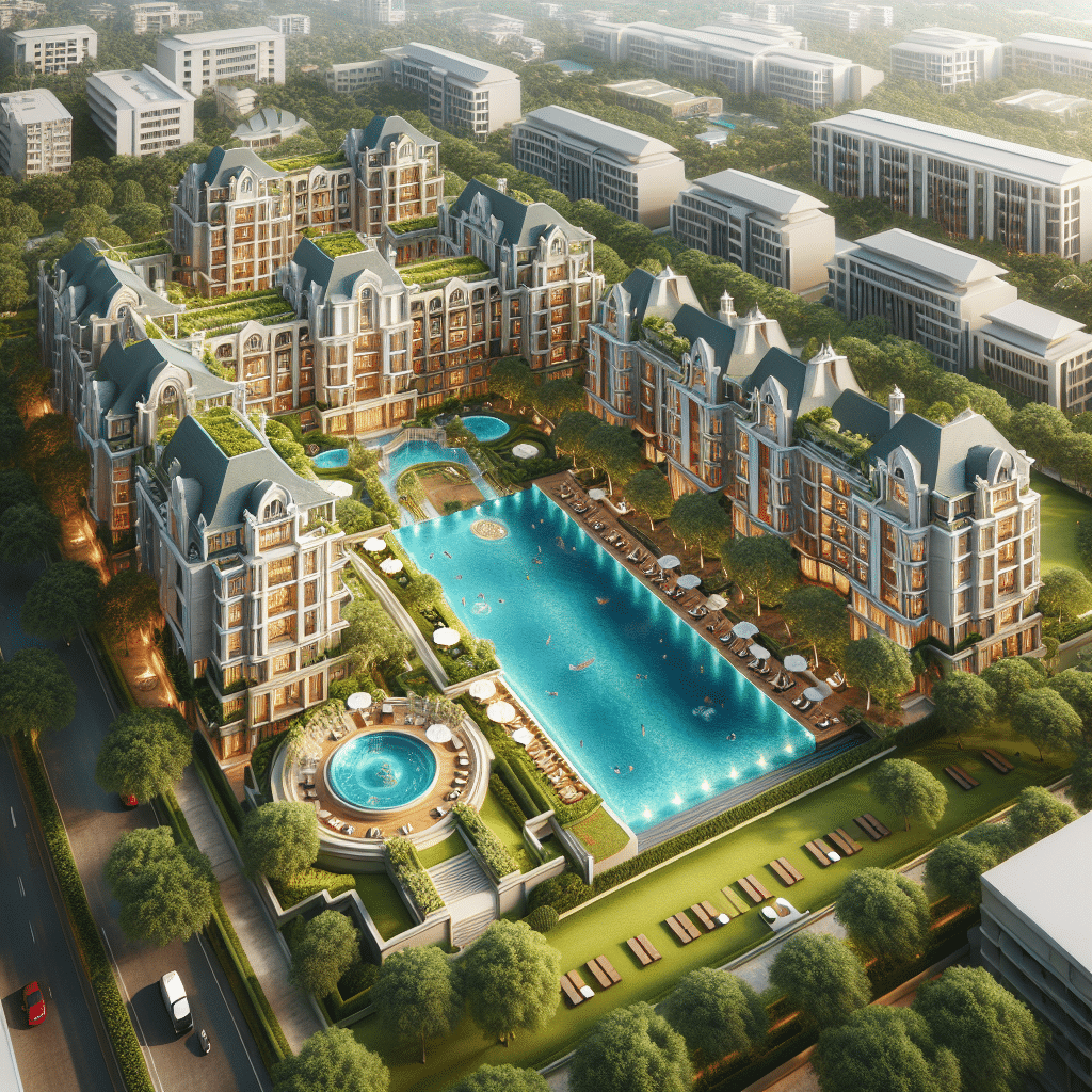 Aerial view of a luxurious residential complex featuring elegant buildings with classic architecture, a large central swimming pool, a circular hot tub, and surrounding lush greenery. The streets and nearby buildings are visible in the background.