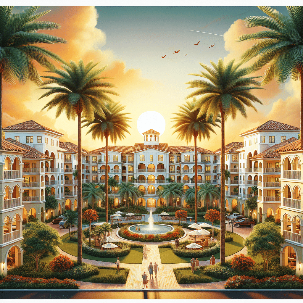 A luxurious Mediterranean-style resort at sunset, featuring tall palm trees, a central fountain, and well-manicured gardens surrounded by elegant arched buildings. People stroll through the courtyard, with birds flying in the sky.