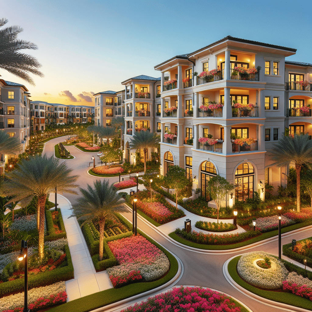 Scenic view of a luxury residential complex at sunset, featuring elegant multi-story buildings with balconies adorned with flowers. The surroundings include palm trees, manicured gardens, pathways, and well-lit streets, creating a serene and upscale ambiance.