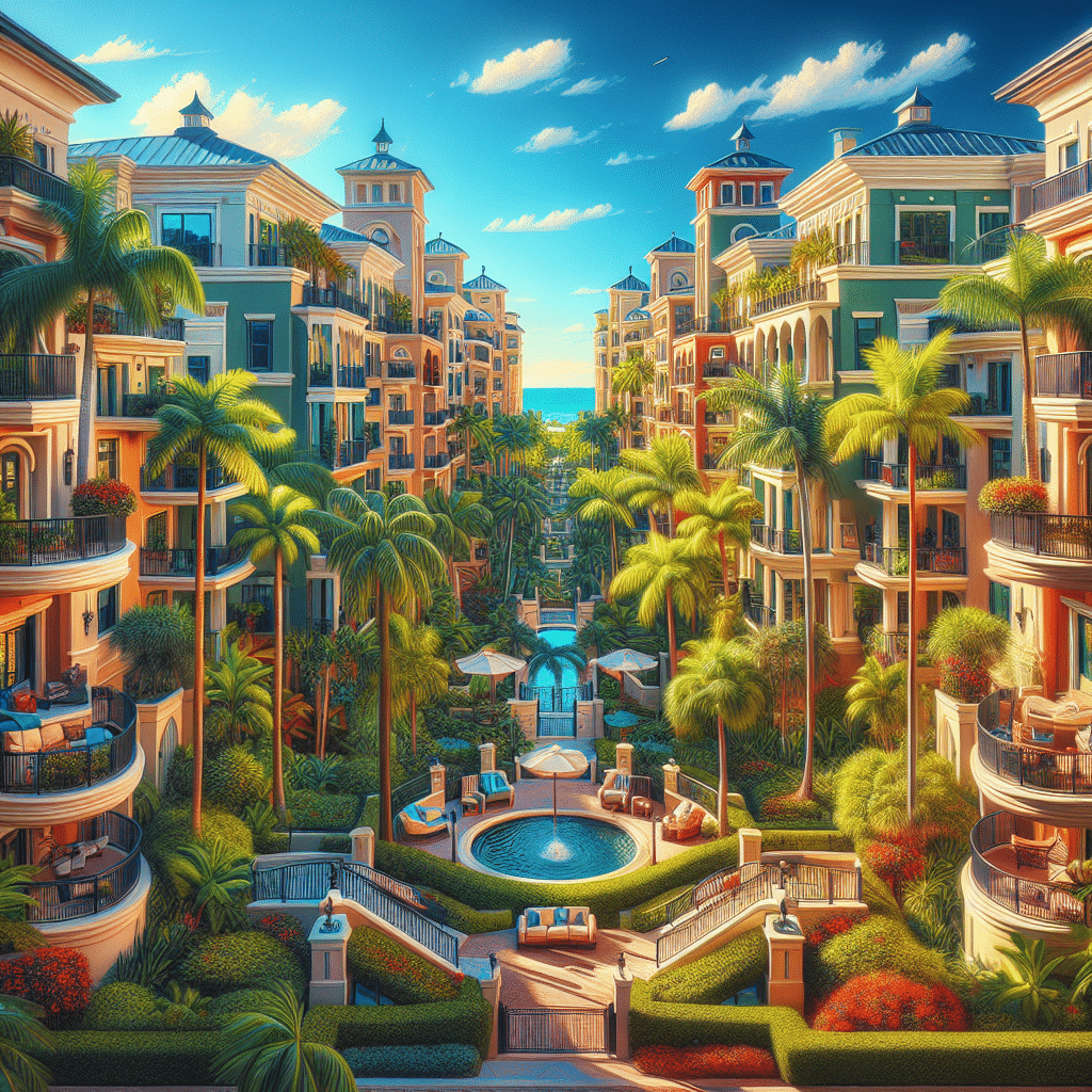 A luxurious resort with tall palm trees, vibrant gardens, and elegant multi-story buildings surrounding a central pool area. The clear sky and distant ocean create a serene, tropical atmosphere.