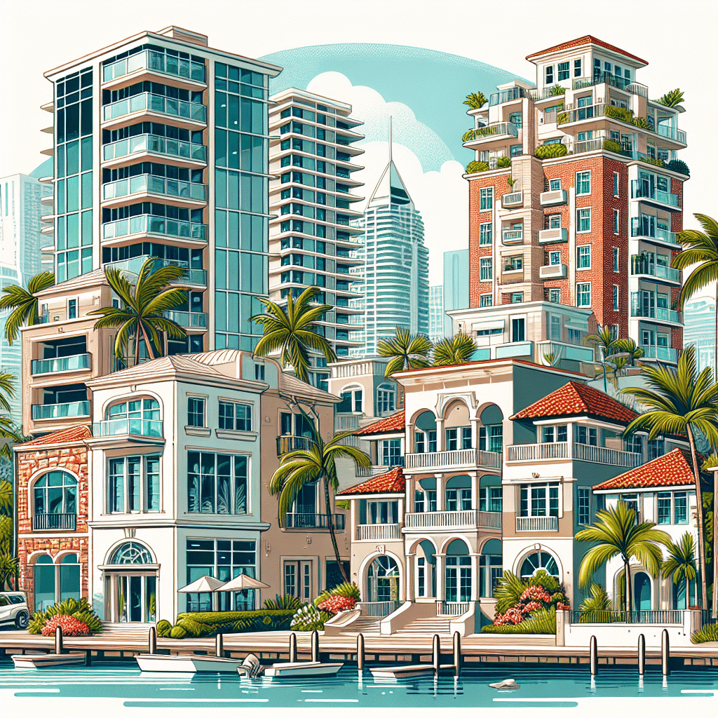 Colorful illustration of a modern coastal cityscape featuring tall, diverse buildings with terraces, lush palm trees, and a waterfront with docks. The skyline includes a mix of glass and red-brick structures under a bright blue sky.