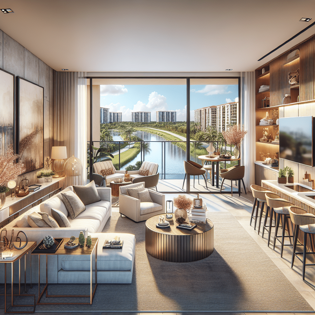 Modern living room with a large sectional sofa, round coffee table, and a wall-mounted TV. Floor-to-ceiling windows reveal a scenic view of buildings and a waterway. Warm lighting and decorative shelves enhance the cozy atmosphere.