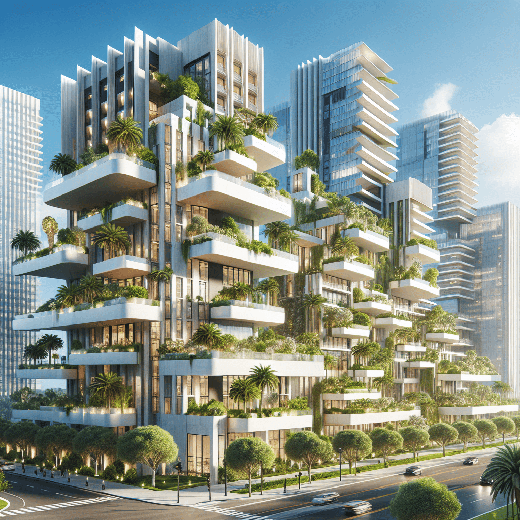 A modern architectural building with multiple levels and protruding balconies adorned with lush greenery, including palm trees and various plants. The street below is lined with trees, and skyscrapers are visible in the background under a clear blue sky.