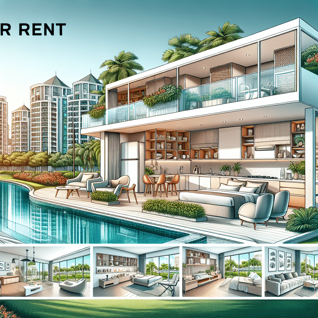 Modern luxury villa with a pool, surrounded by palm trees and overlooking a cityscape with tall buildings. The interior showcases a stylish open-plan living area, kitchen, and multiple living spaces. Text reads "For Rent.