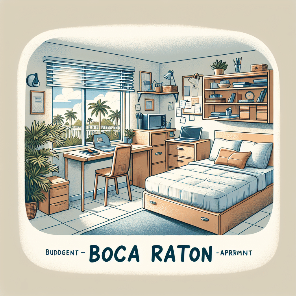 Illustration of a cozy apartment bedroom with a neatly arranged workspace. There's a desk with a computer, shelves with books, and a window showing palm trees outside. The caption reads, "Budget Boca Raton Apartment.