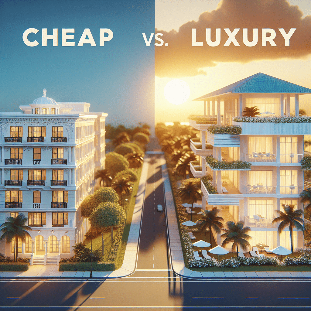 A split image comparing two hotel buildings: on the left, a simple, older building labeled "Cheap"; on the right, a modern, elegant building labeled "Luxury." Both are surrounded by palm trees, under a sunny sky.