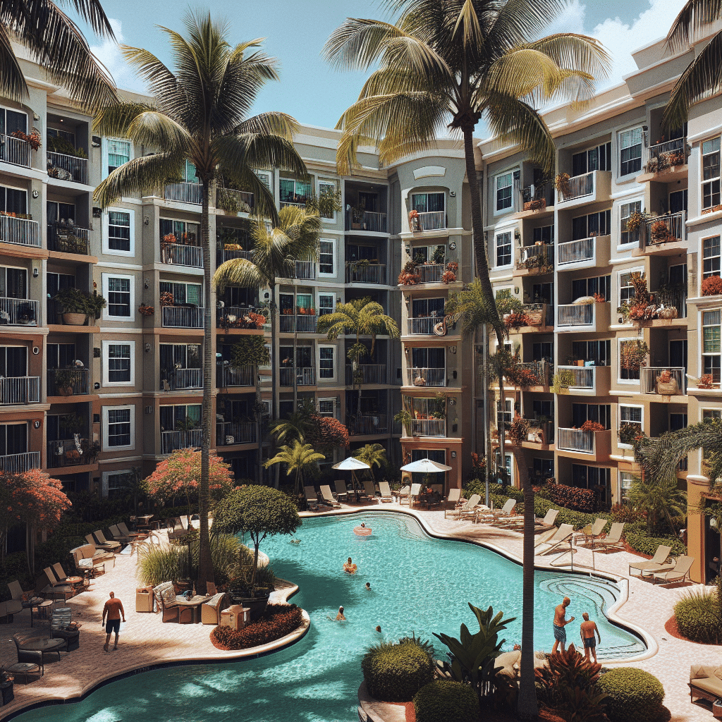 A tropical-themed courtyard features a large swimming pool surrounded by palm trees and deck chairs. People are enjoying the water and sunbathing. The backdrop includes a multi-story apartment building with balconies decorated with plants.