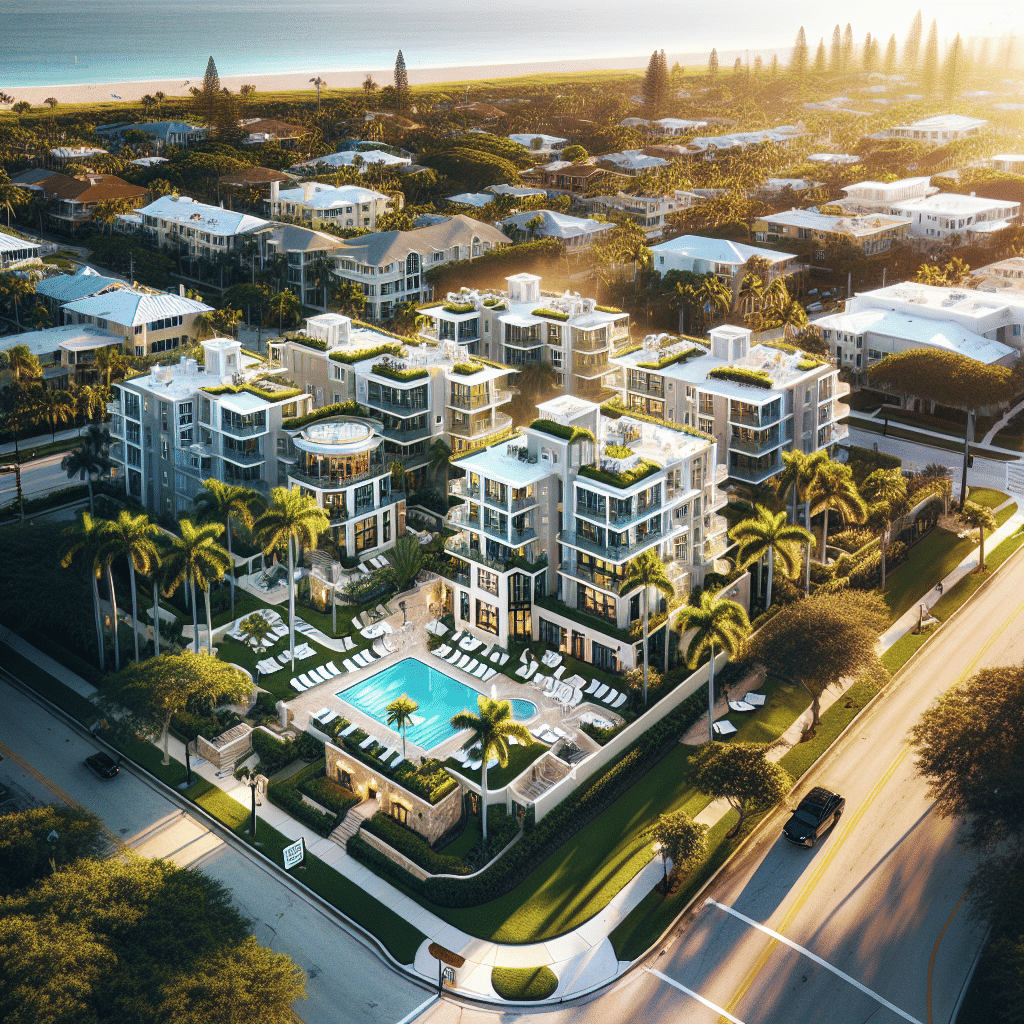 Aerial view of a modern luxury apartment complex featuring multiple buildings, a central swimming pool, lush landscaping, and palm trees. Located near a beach, roads and other residential areas are visible, with sunlight casting warm tones.