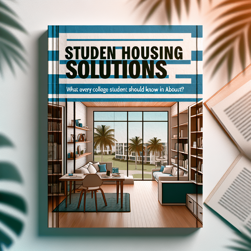 A book titled "Student Housing Solutions" lies in the center, featuring a modern living room with large windows and palm tree views on the cover. Open books and leaves frame the image, creating a relaxed and academic atmosphere.