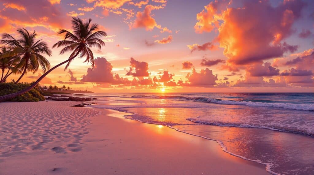 A serene beach at sunset in Boca Raton, Florida, with palm trees silhouetted against a vibrant sky. The sun sets on the horizon, casting an array of pink, orange, and purple hues across the clouds and ocean waves that gently wash over the sandy shore near cozy beachfront apartments.