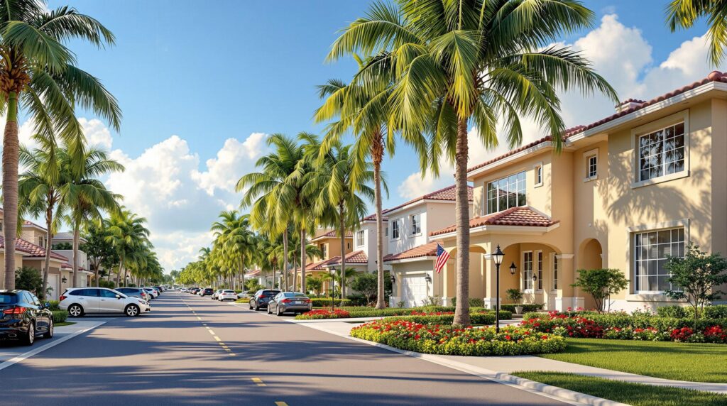 A sunny suburban street in Boca Raton is lined with tall palm trees and beautiful houses. The homes, akin to luxurious Florida apartments, have well-kept lawns and colorful flower beds. Several parked cars dot the road, and a clear blue sky stretches overhead.