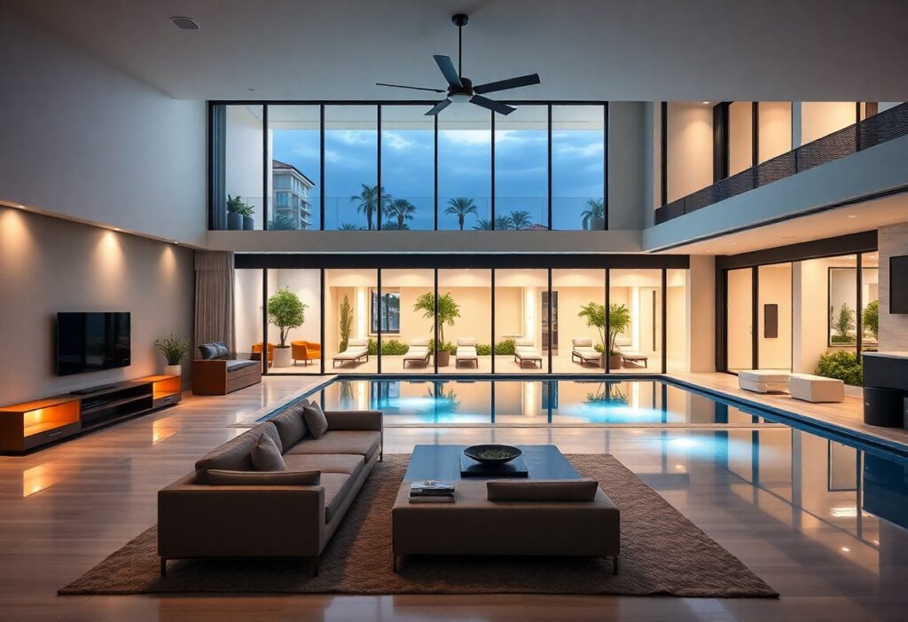 A luxurious indoor living area with a modern couch set and a coffee table overlooks an illuminated indoor pool. Large floor-to-ceiling windows reveal a view of palm trees and a cloudy sky. A ceiling fan hangs above the elegant space.