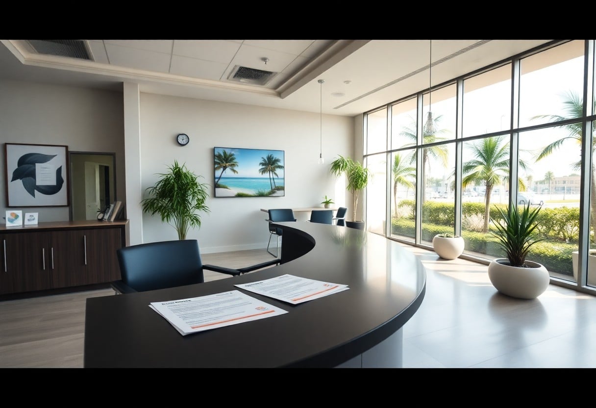 A modern office lobby with a curved black reception desk displaying documents. The space features large windows with a view of palm trees, indoor plants, and minimalistic decor, including a beach painting on the wall. Chairs and cabinetry complete the room.