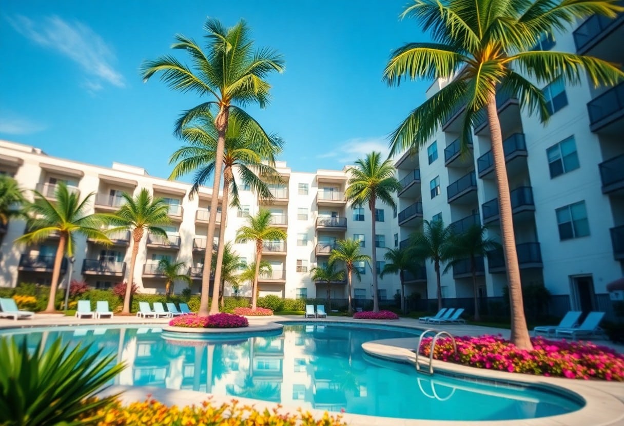 A bright, sunny courtyard with a circular pool surrounded by lounge chairs and pink flowerbeds. Tall palm trees line the area, and modern multi-story apartment buildings frame the background under a clear blue sky.