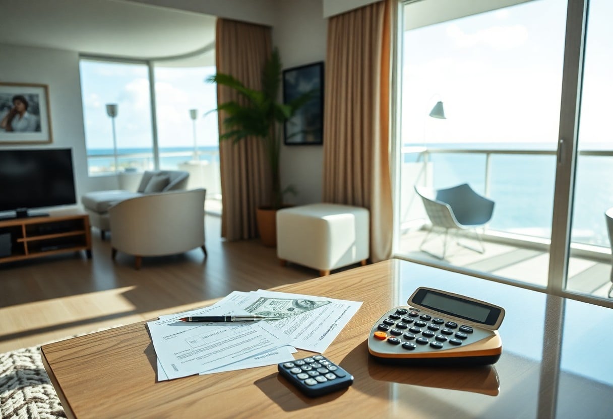 A sunny living room with large windows overlooking the sea. A table holds financial documents, a pen, a calculator, and a remote. In the background, there's a TV, plants, and a seating area with chairs and a floor lamp.