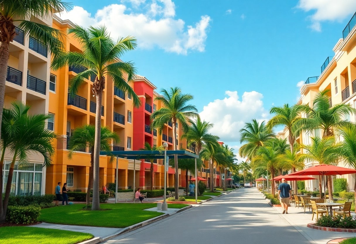 A vibrant urban street with colorful apartment buildings, lined with palm trees under a bright, blue sky. People walk along the sidewalk, and a few are seated under red umbrellas at an outdoor cafe.