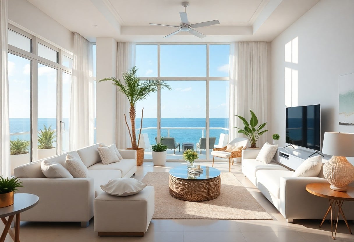 A spacious living room with large windows offering a view of the ocean. The room features white sofas, a round wicker coffee table, and several potted plants. A ceiling fan hangs above, and a TV is placed on a stand.