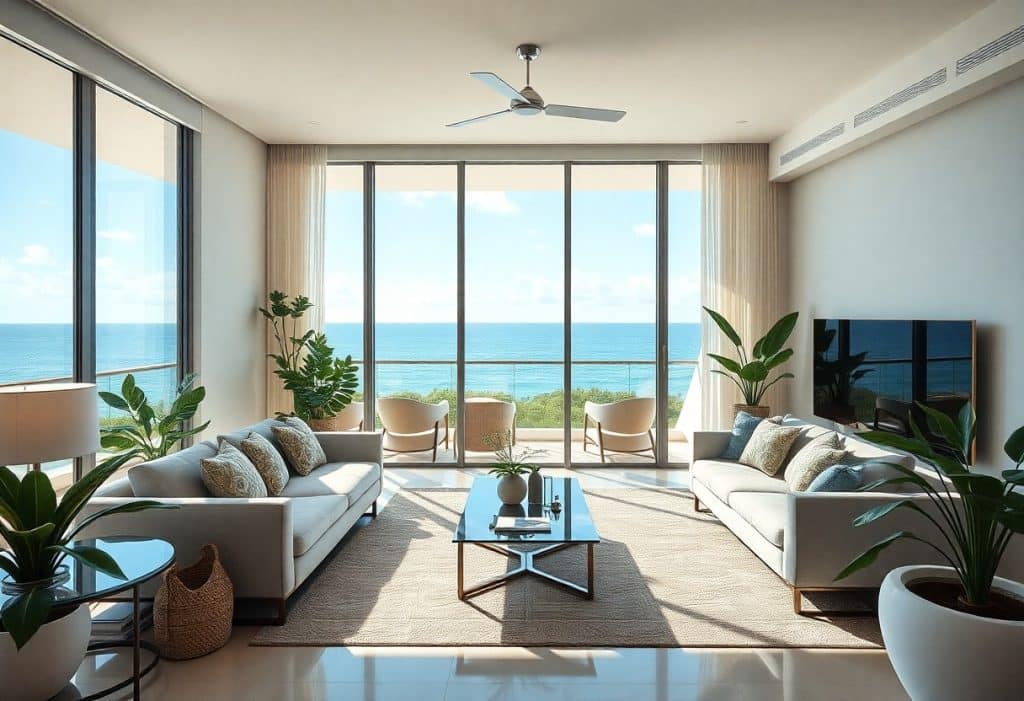 A modern living room with large windows overlooking the ocean. The room features two sofas, a coffee table, and several potted plants. A ceiling fan hangs above, and natural light fills the space, creating a serene and airy atmosphere.