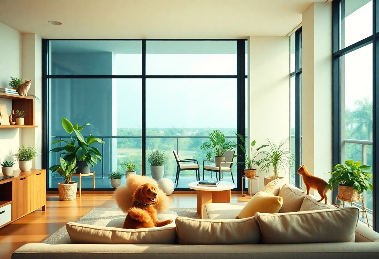 A modern living room with large windows letting in natural light. A dog sits on a beige sofa, surrounded by green plants. Two cats are visible, one on a shelf and another near the window. A balcony can be seen outside.