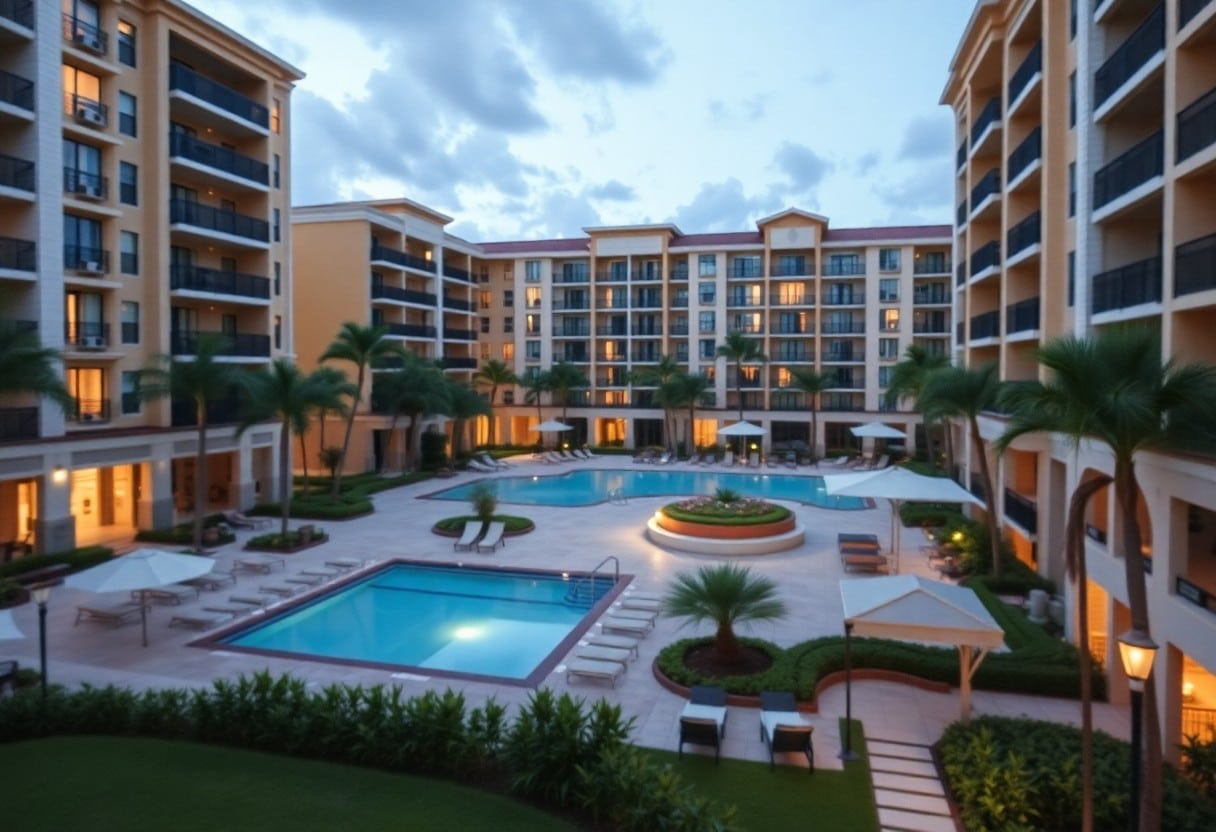 A courtyard with a central swimming pool and a smaller pool surrounded by lounge chairs. The area is enclosed by tall, modern apartment buildings with balconies. Palm trees and manicured greenery enhance the serene atmosphere under a cloudy sky.