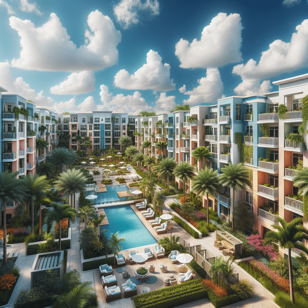 A luxurious resort-style apartment complex with palm trees, landscaped gardens, and multiple swimming pools. Sun loungers line the poolside under a bright blue sky with scattered clouds. The buildings feature modern design and balconies.