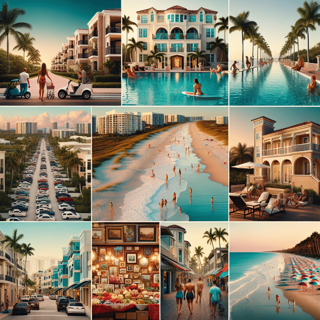 Collage of a coastal resort town: luxurious buildings, people enjoying a long pool, a beach with waves, street lined with palm trees, vibrant market, and a sunset over the ocean.