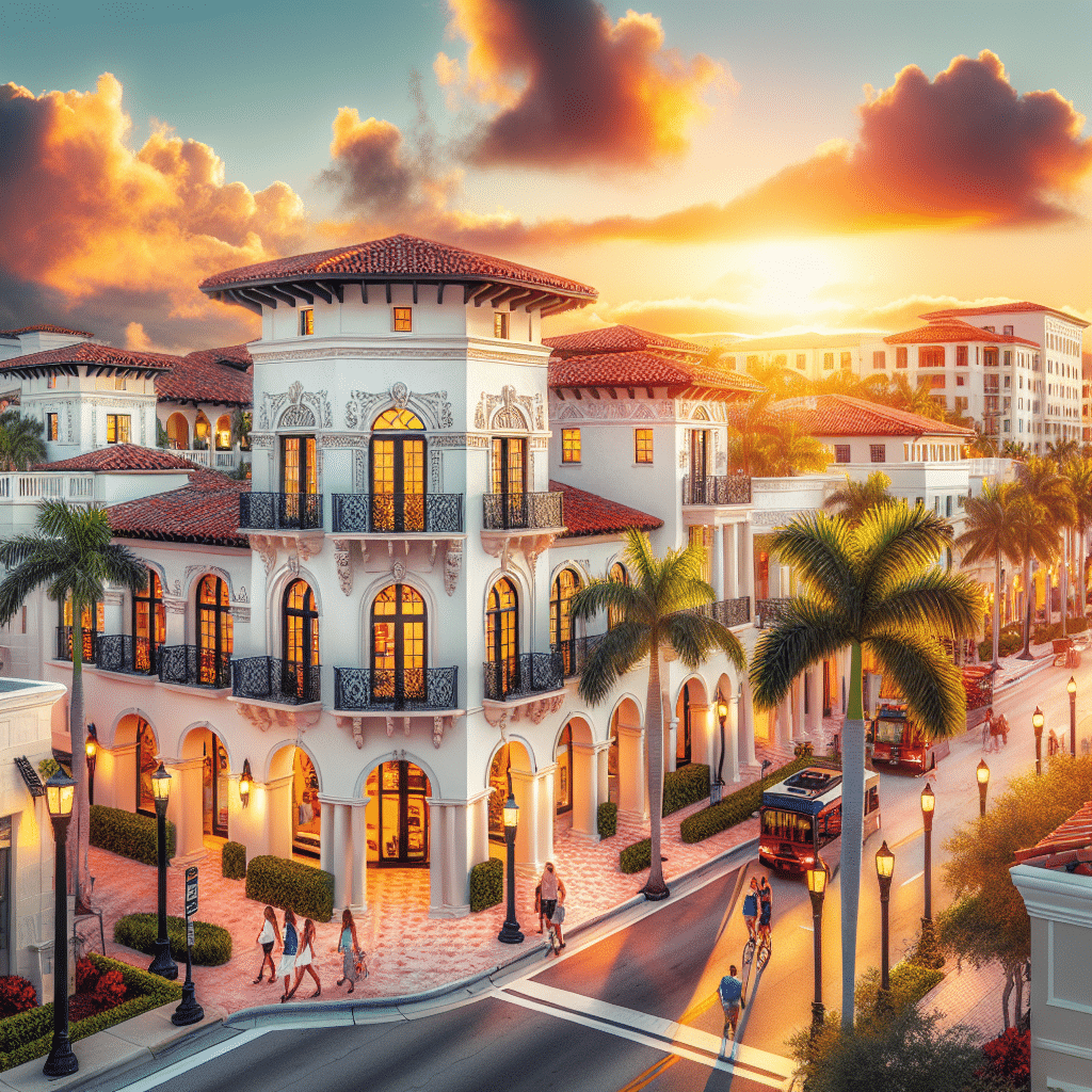 A picturesque Mediterranean-style building with ornate balconies stands under a vibrant sunset sky. Palm trees line the street, where people stroll, and a small trolley is in motion, creating a lively and elegant evening scene.