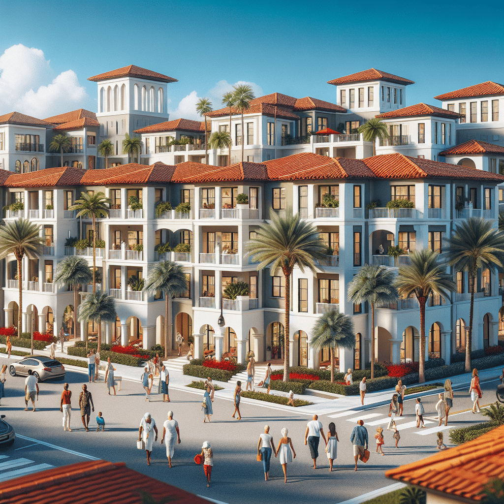 A picturesque Mediterranean-style apartment complex with terracotta roofs, palm trees, and white stucco walls. People stroll on the surrounding streets under a clear blue sky.