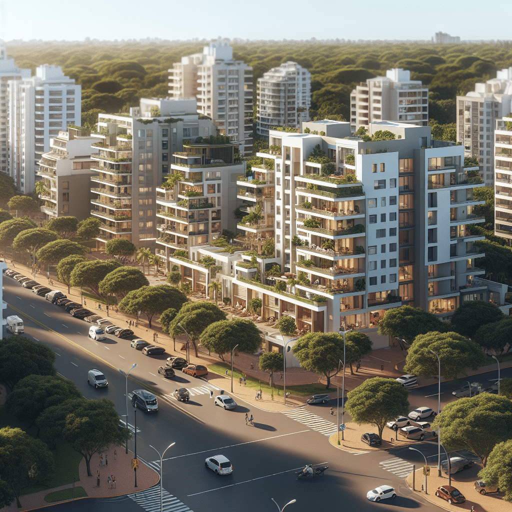 Aerial view of a modern urban area with multi-story apartment buildings surrounded by trees and greenery. Streets are busy with cars and pedestrians crossing. The scene is bathed in warm, golden sunlight.