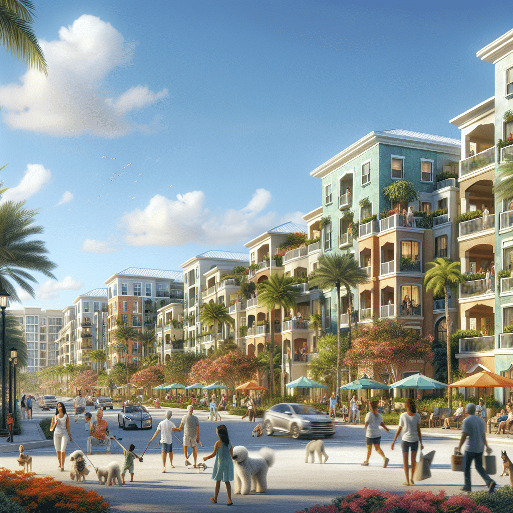 A sunny urban scene with people walking dogs, families, and cars on a bustling street. Colorful mid-rise buildings with balconies line the street, and palm trees and outdoor cafes enhance the lively atmosphere.