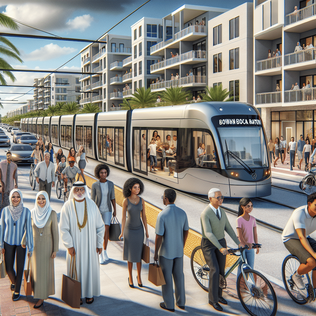 A busy urban scene with diverse pedestrians, cyclists, and a modern tram labeled "Downtown Boca Raton" on a bustling street lined with palm trees and contemporary buildings under a bright sky.